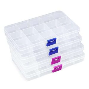 Opret 4 Pcs Bead Storage Box, 15 Grids Plastic Jewellery Organisers Small Clear Containers with Adjustable Dividers Compartment Craft Case, Size 17×9.5x2cm