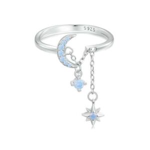 IMINI Adjustable Blue Opal Crescent Moon Ring S925 Sterling Silver – Celestial Wedding Jewellery UK Size L½-S, Star Dangle Tassel Engagement Gift for Women Valentine’s Day