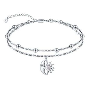 CHIC & ARTSY Sun Moon Sterling Silver Cats Eye Stone Anklets – Dainty Layered Beaded Glinting Celestial Anklets for Women