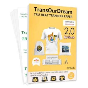 TransOurDream Tru-Transfer Paper T-Shirt Printing 20 Sheets A4 Inkjet Heat Transfers for Light Fabric Printable Vinyl Upgraded 2.0 Iron on Printer Paper for White T-Shirts/Textiles/Clothes