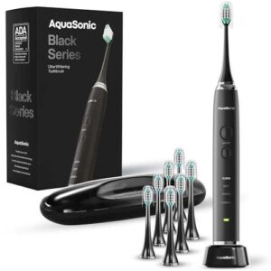 Aquasonic Black Series Ultra Whitening Electric Toothbrush – ADA Accepted Tooth Brush – 8 Brush Heads & Travel Case – Wireless Charging – 4 Modes w Smart Timer