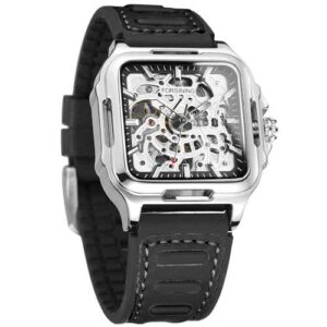 FORSINING Men’s Waterproof Skeleton Stylish Watch Automatic Steampunk Self Winding Silicone Strap Luminous Square Wrist Watch (2-Silver)