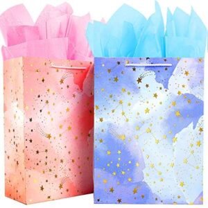 Gift Bag Large-2 Gift Bags with FREE 4 Tissue Paper-Birthday Gift Bag Set with Handle-Paper Gift Bags for Present-Pink and Blue Gift Bags for Women Men Kids Boy Girl Present Bag for Birthday Party Bag