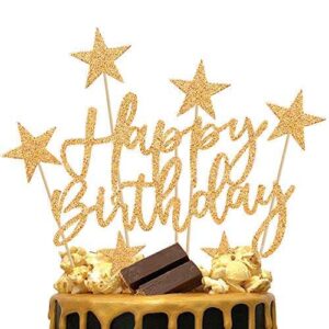 iZoeL 2 Sets Gold Cake Decoration Happy Birthday Banner Confetti Balloon Stars Heart Cake Topper for Man Boys Women Girls Gold Theme Birthday Decor Hen Party