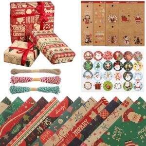 Surflyee Christmas Wrapping Paper Set – 12 Sheets 50x70Cm, 3x10m String, 16 Tags, 24 Stickers – Perfect for Gift Wrapping