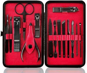 Manicure Set Nail Set Nail Clipper Kit Professional – Stainless Steel Pedicure Set Nail Grooming Kit of 15pcs with Case for Travel (Black/Red)