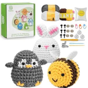 Crochet Kit for Beginners,Amigurumi Crochet Animal Kit,Crochet Starter Kit Step-by-Step Video Tutorials,Beginner Crochet Kit for Adults,Fuppys Crocheting Kit-Penguin-Bee-Bunny