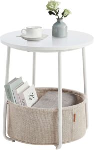 VASAGLE Round Side Table with Fabric Basket – White & Beige